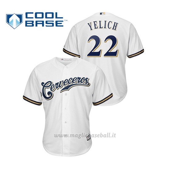 Maglia Baseball Hombre Milwaukee Brewers 22 Christian Yelich Cool Base Majestic Primera Hispanic Heritage Bianco